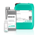 Verschiedene Gebindegrössen des Handdesinfektionsmittels Desicid (100 ml, 1l, 5l). Bild: Motorex