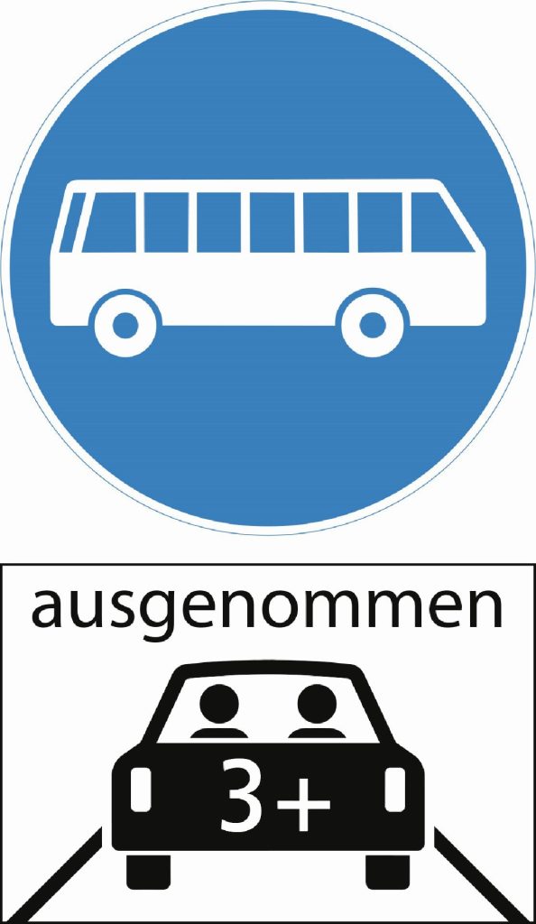 Signal "Busfahrbahn" (2.64) mit Carpooling-Zusatzschild.