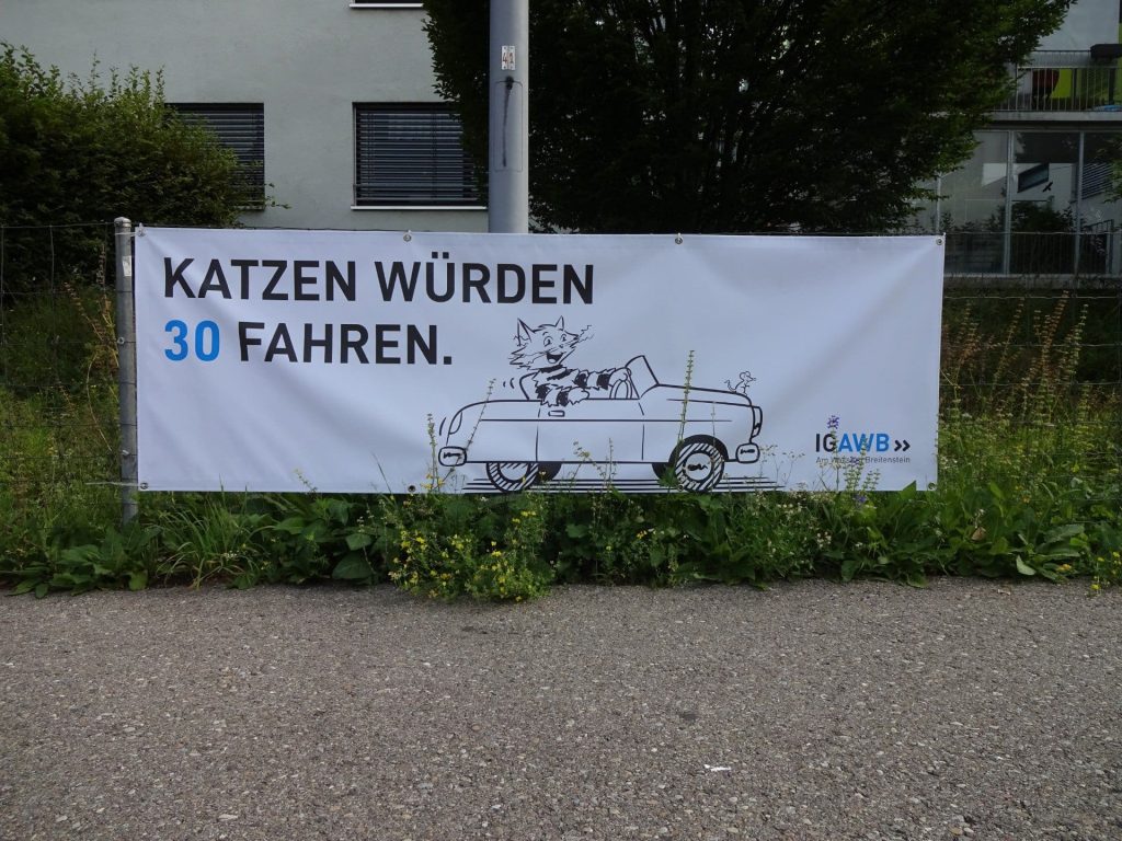Kampagne für Tempo 30 der IG Am Wasser / Breitenstein in Zürich aus dem Jahr 2019.