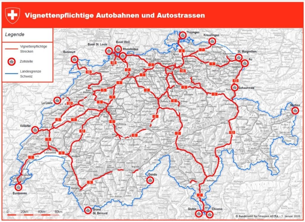 Übersicht: Auf der Autobahn und Schnellstrasse ist die Vignette obligatorisch. 