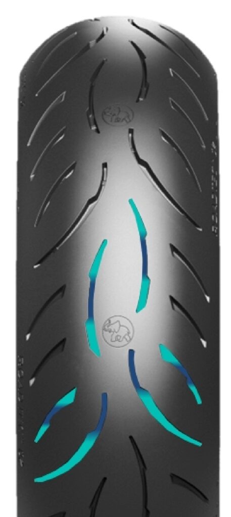 Die dunkelblau eingefärbten Anteile des Negativprofils rücken bei erhöhtem Druck auf den Reifen – also hinten beim Beschleunigen, vorn beim Bremsen – nahe zusammen und verbinden sich quasi zu einer durchgängigen Gummifläche.